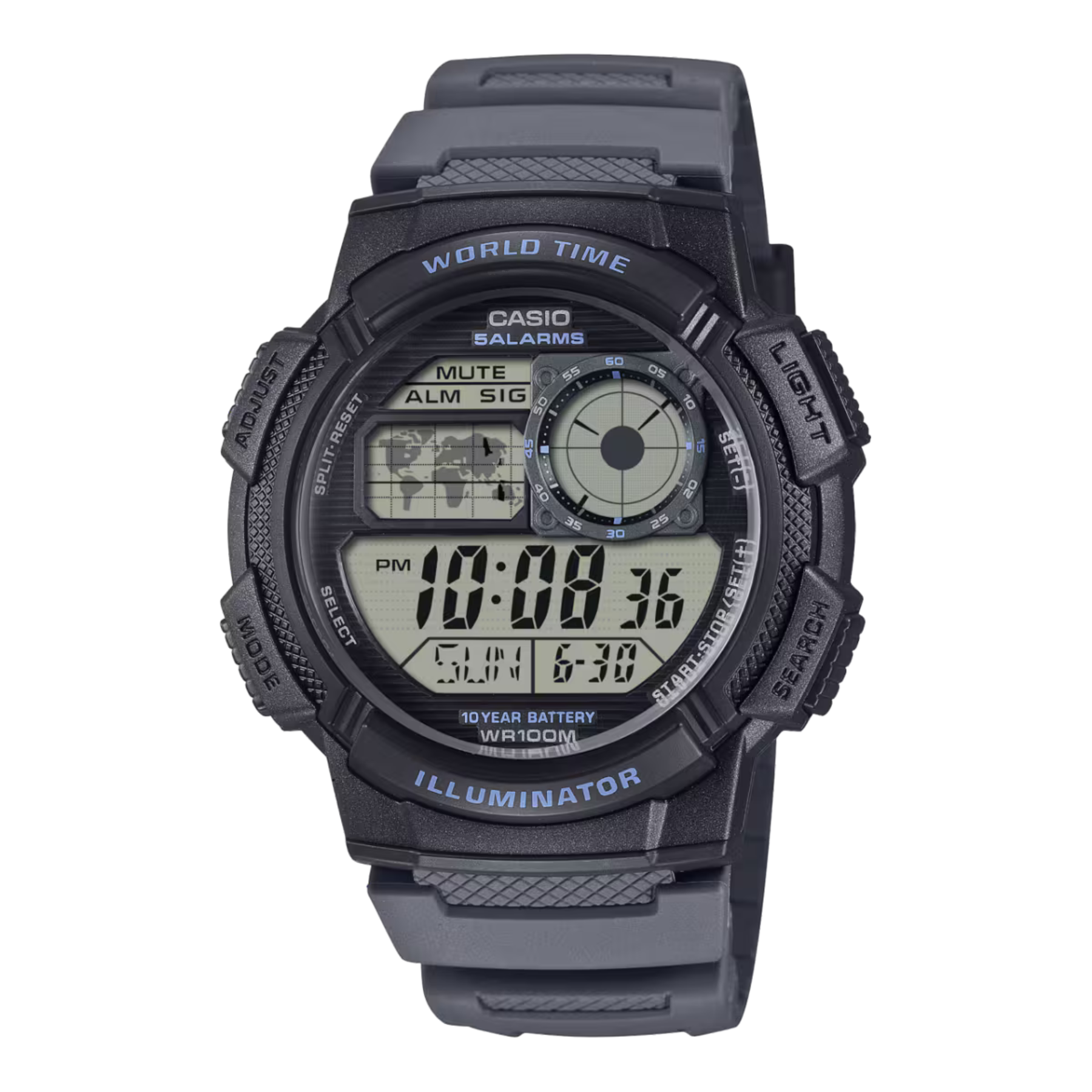 Black Casio digital watch on a white background