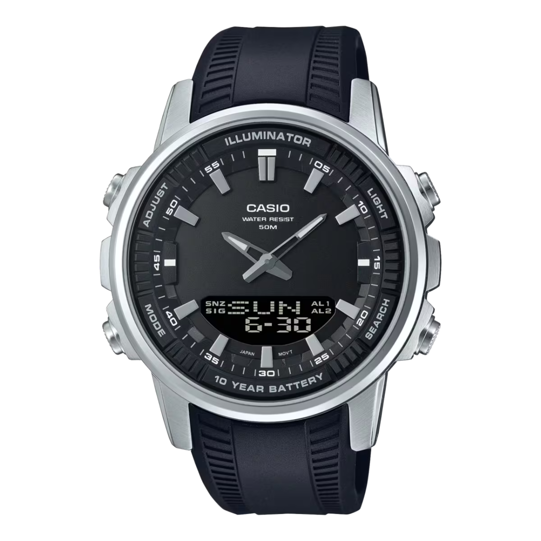 Casio watch with black strap and black dial on a white background