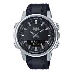 Casio watch with black strap and black dial on a white background