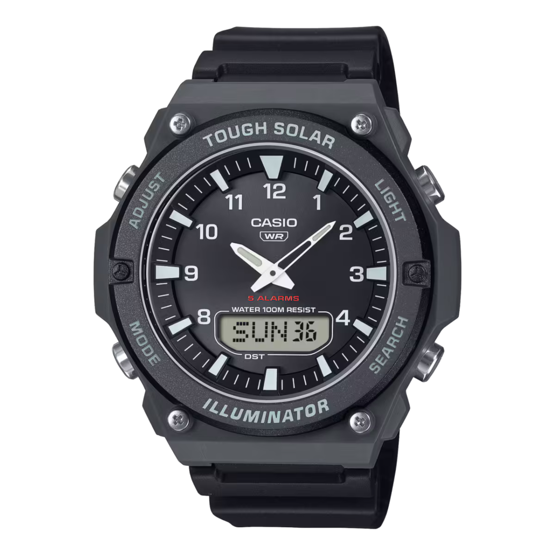 Black Casio watch with digital and analog display on a white background