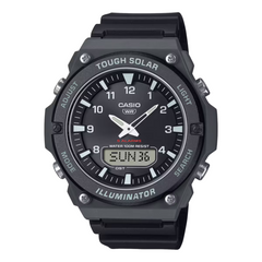 Black Casio watch with digital and analog display on a white background