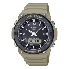Casio watch with beige strap and black dial on a white background