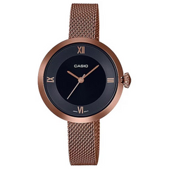 Casio watch with rose gold mesh strap on a white background