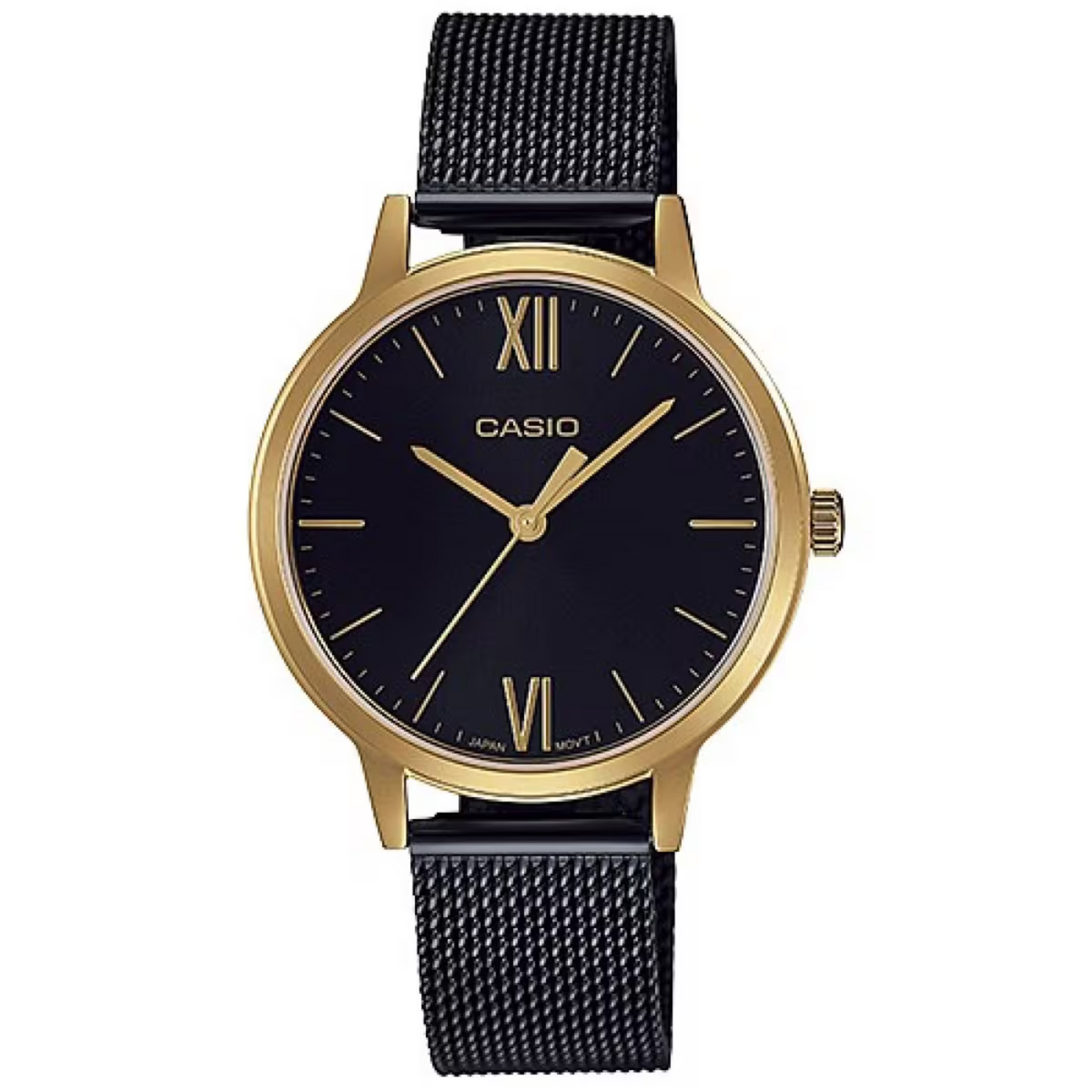 Casio watch with black face and mesh band on a white background