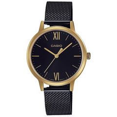 Casio watch with black face and mesh band on a white background