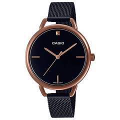 Casio watch with black face and mesh strap on a white background