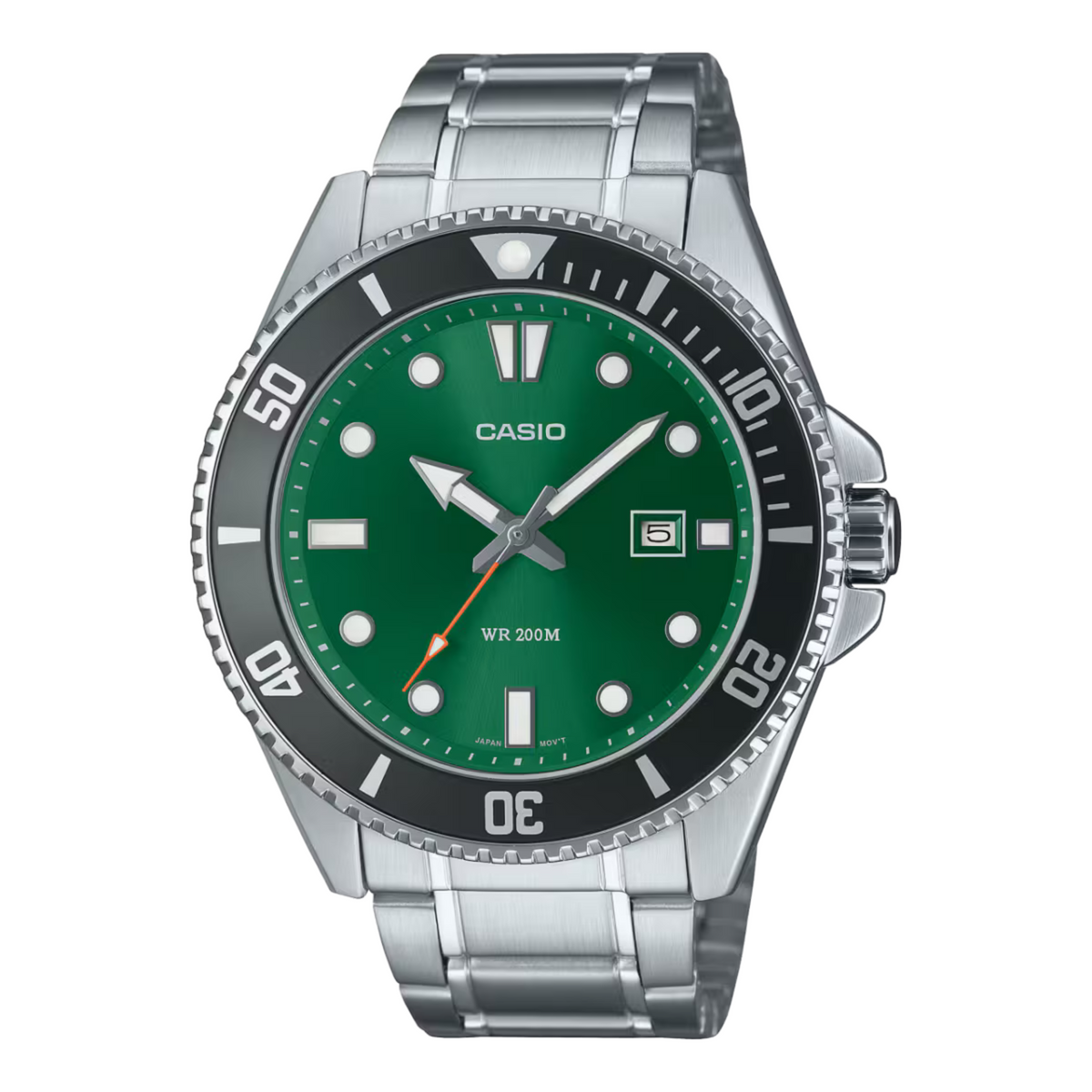 Casio watch with green dial and silver metal strap on a white background