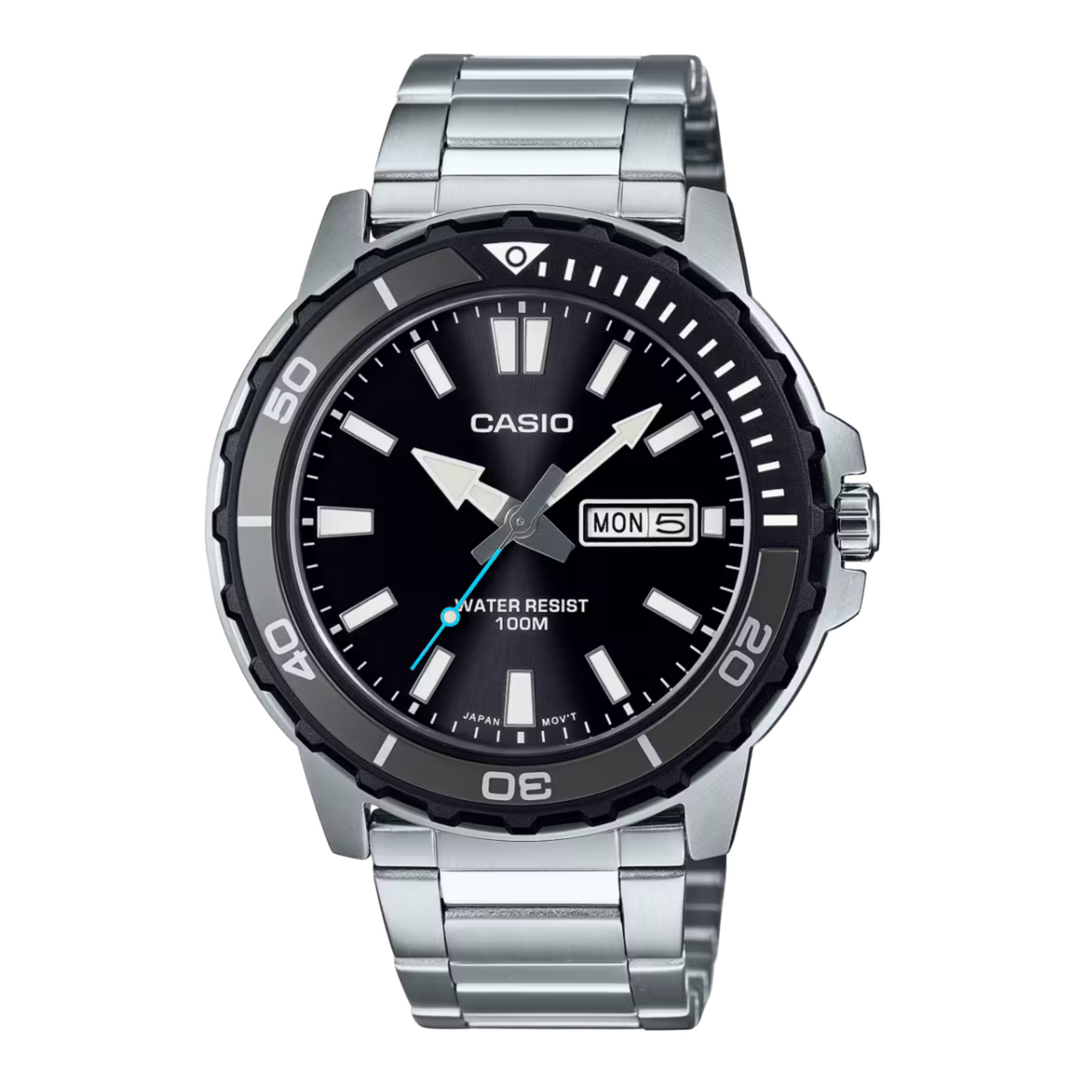 Casio watch with black dial and silver metal strap on a white background