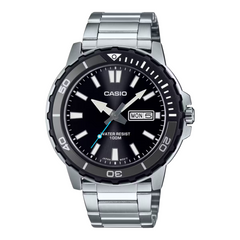 Casio watch with black dial and silver metal strap on a white background