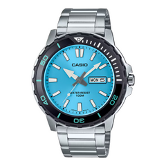 Casio watch with blue dial and silver metal strap on a white background