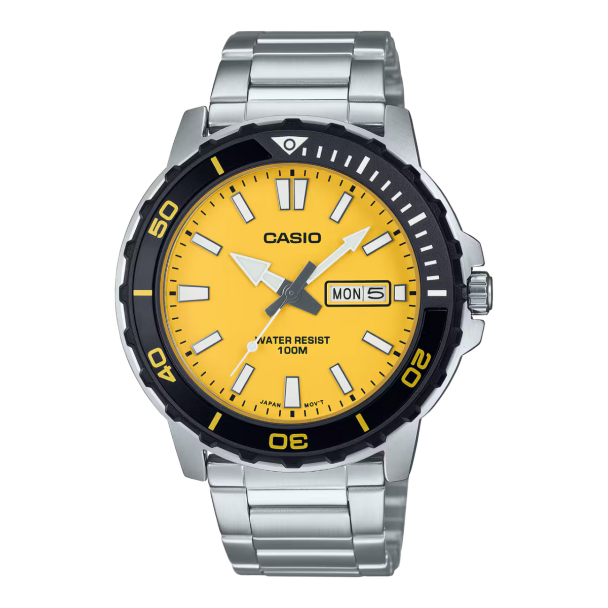 Casio watch with yellow face and silver metal strap on white background