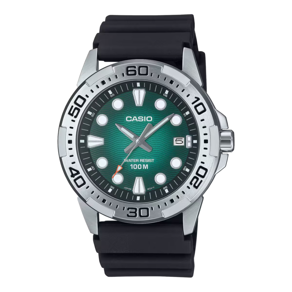 Casio watch with green dial and black strap on a white background