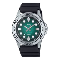 Casio watch with green dial and black strap on a white background