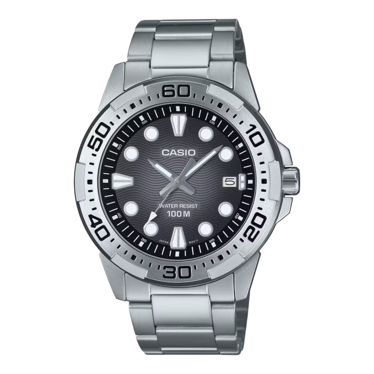 Casio watch with silver bracelet and black dial on a white background