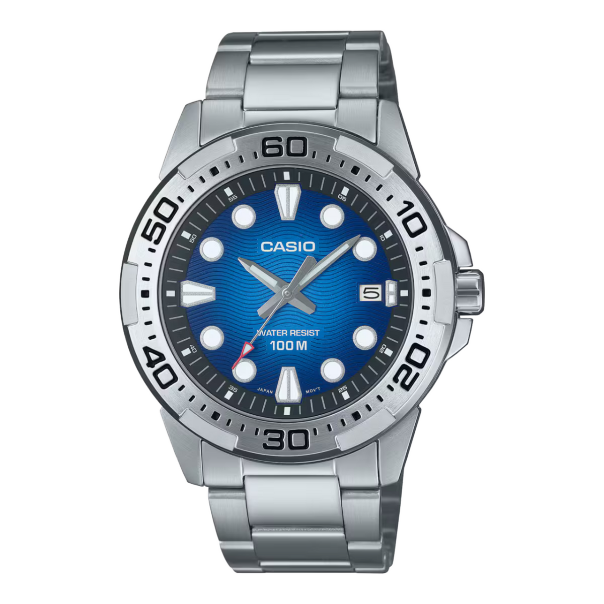Casio watch with blue dial and silver metal strap on a white background