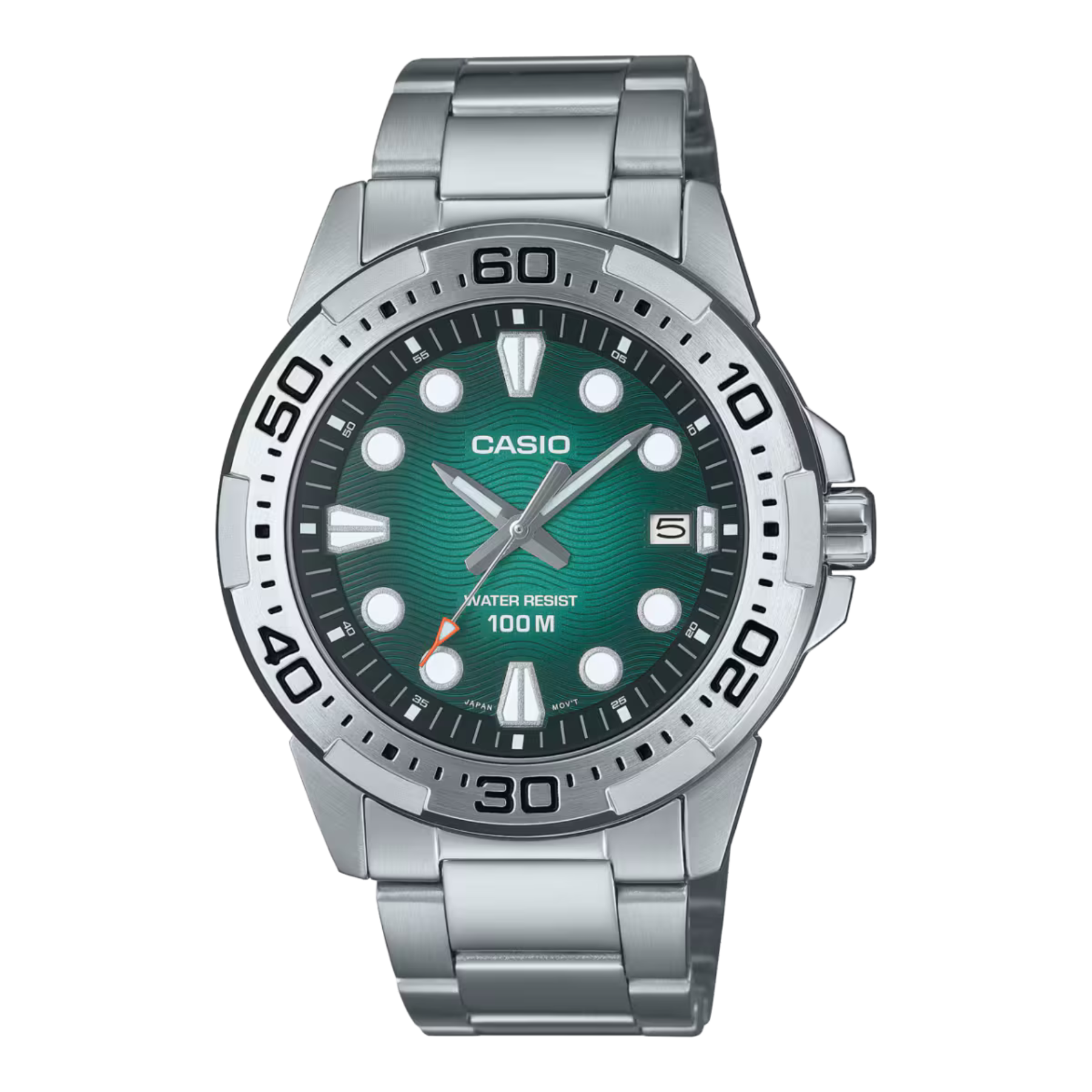 Casio watch with green dial and silver metal strap on a white background