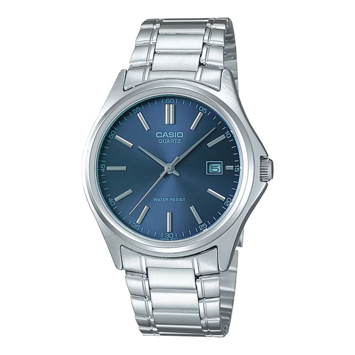 Casio watch with blue dial and silver metal strap on a white background