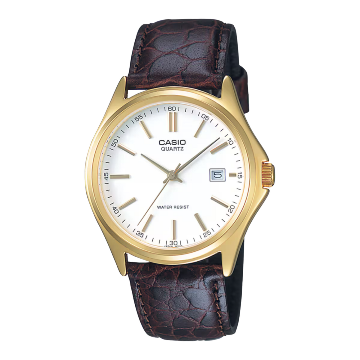 Casio watch with brown leather strap on a white background