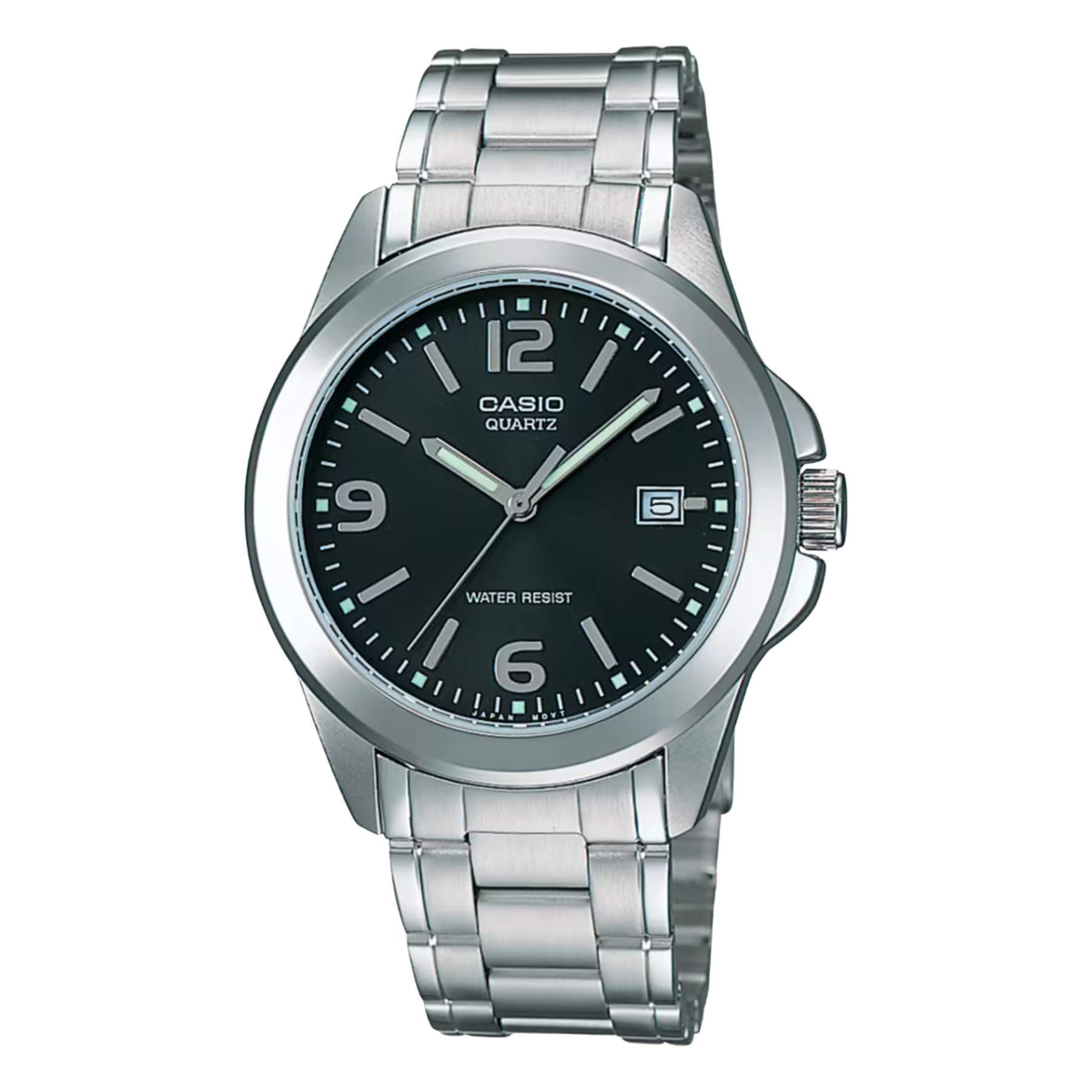 Casio watch with black dial and silver metal strap on a white background