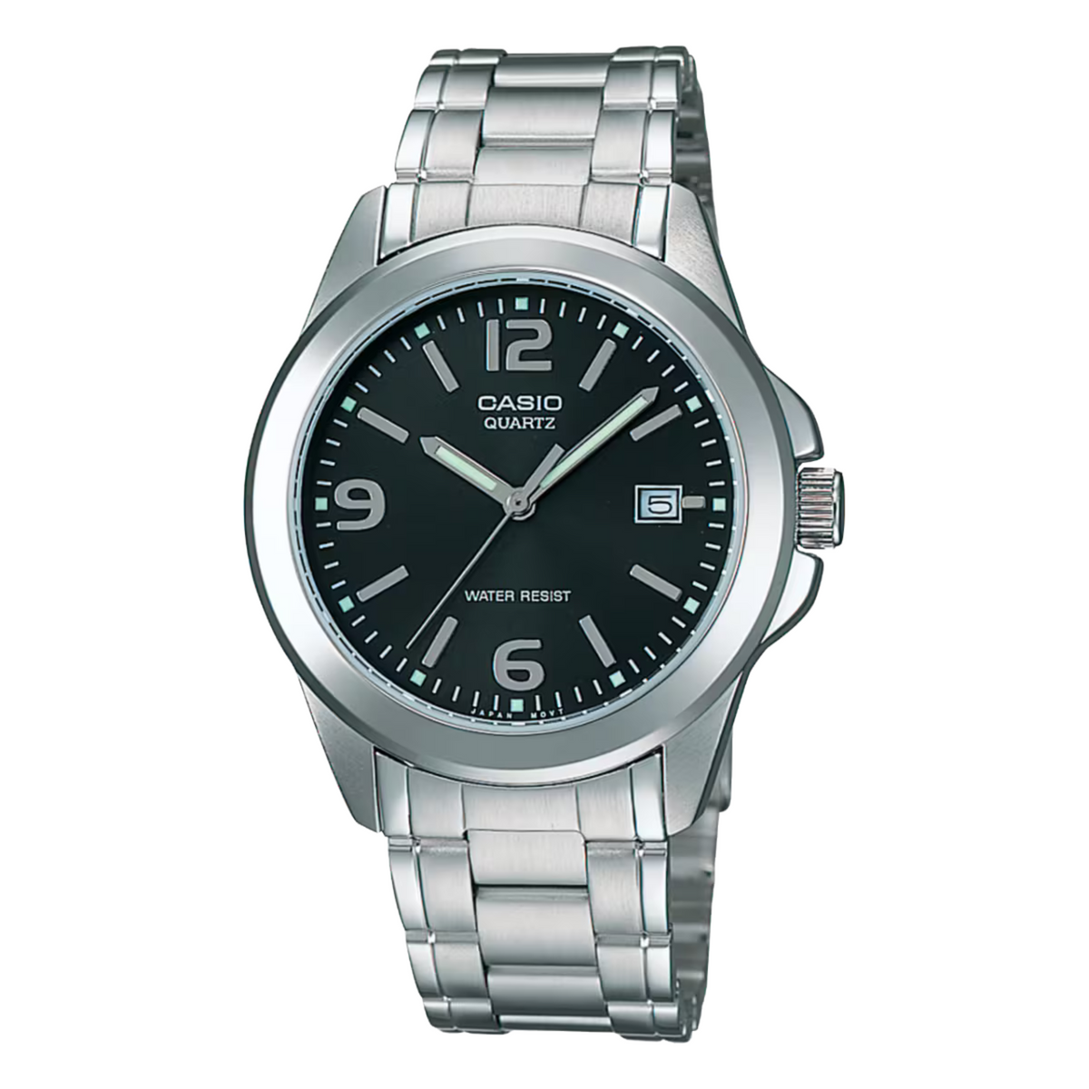Casio watch with black dial and silver metal strap on a white background