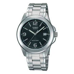 Casio watch with black dial and silver metal strap on a white background