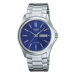 Casio watch with blue dial and silver metal strap on a white background