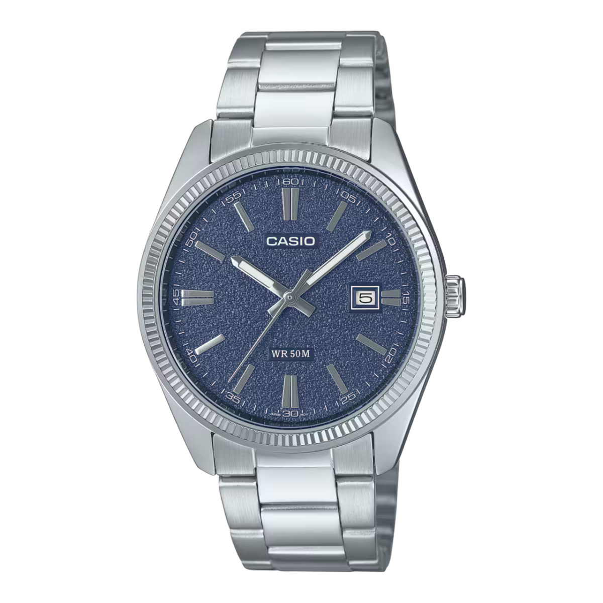 Casio watch with blue dial and silver metal strap on a white background