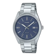 Casio watch with blue dial and silver metal strap on a white background