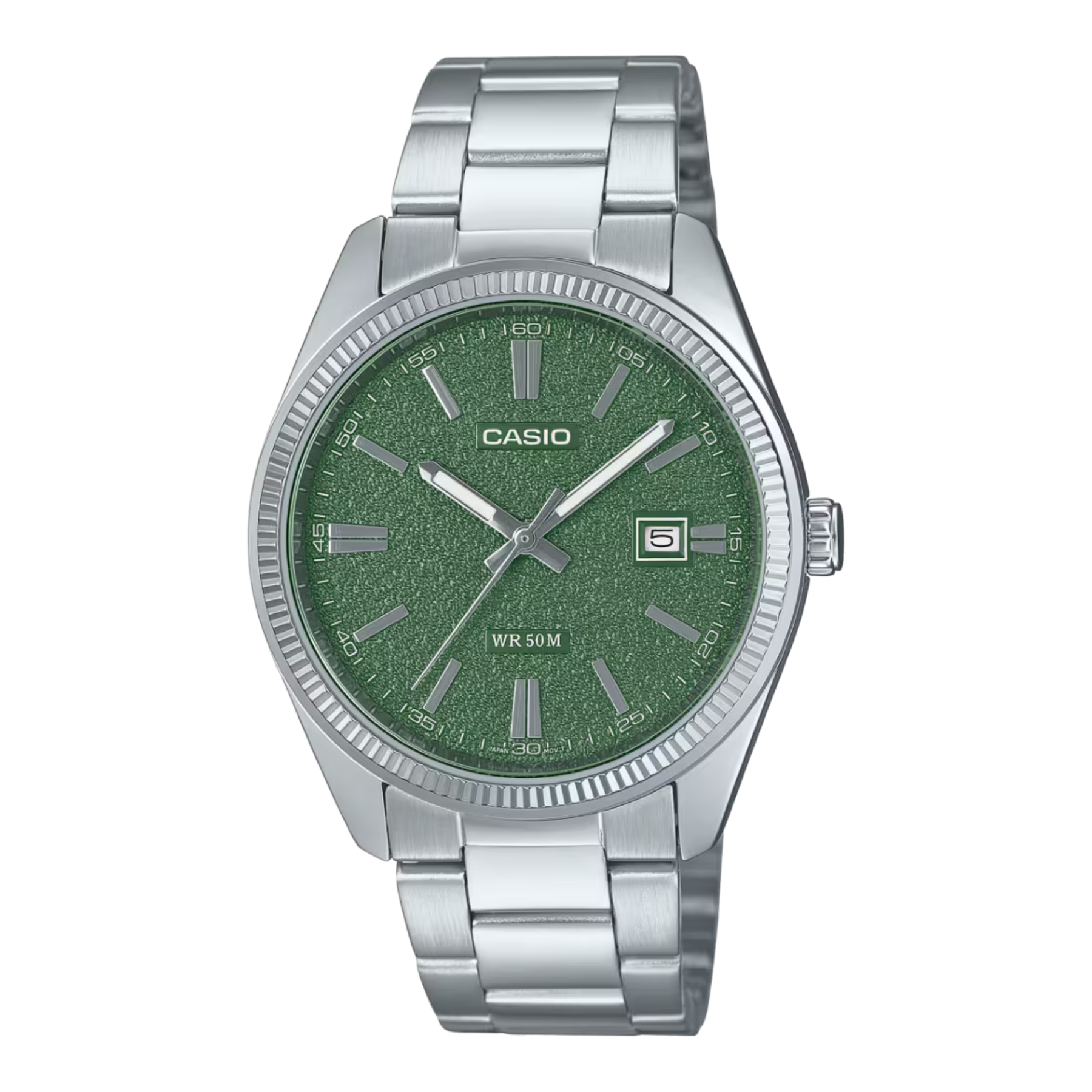 Casio watch with green dial and silver metal strap on a white background