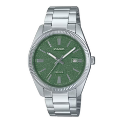 Casio watch with green dial and silver metal strap on a white background