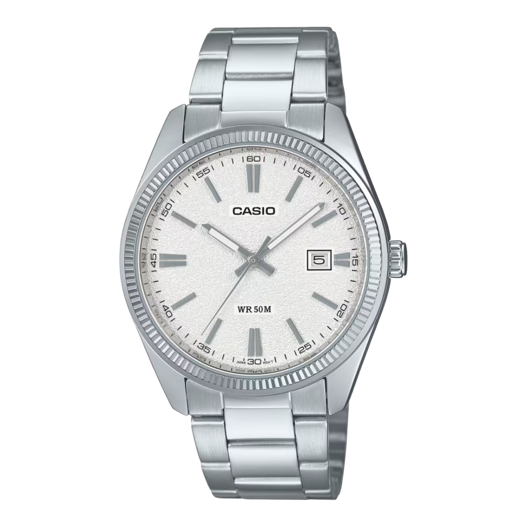 Silver Casio watch on a white background