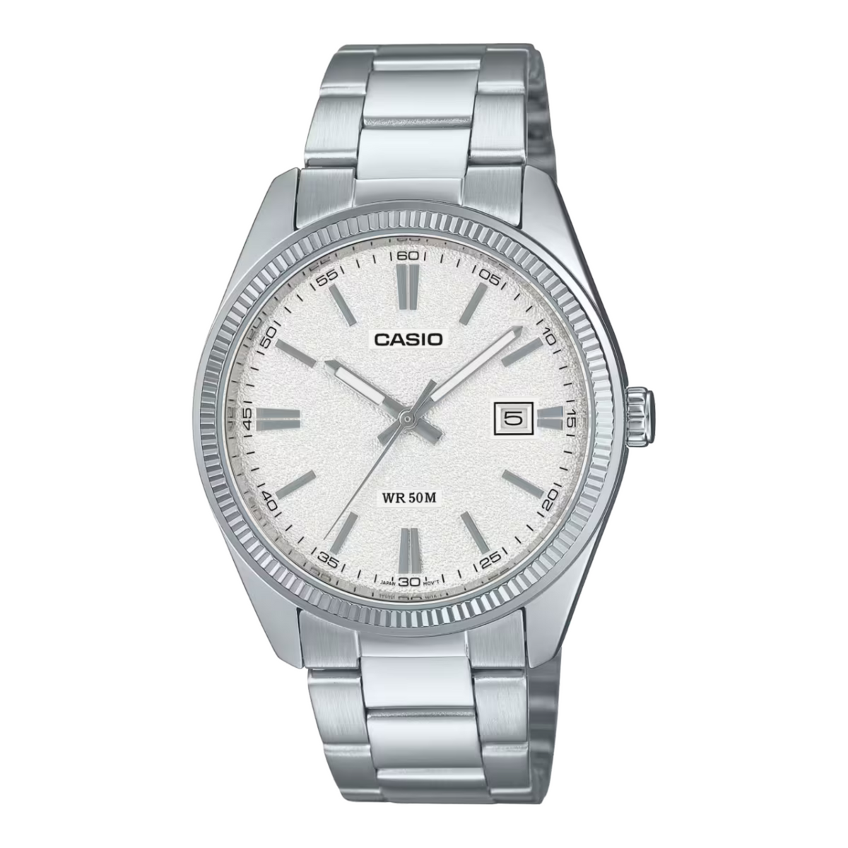 Silver Casio watch on a white background