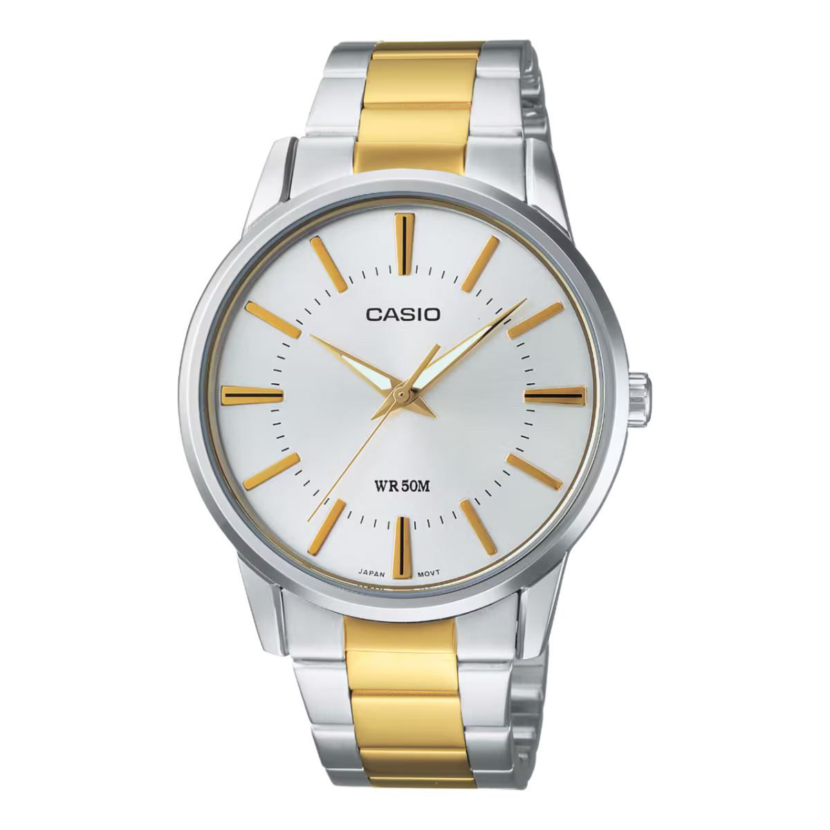Casio watch with silver and gold band on a white background