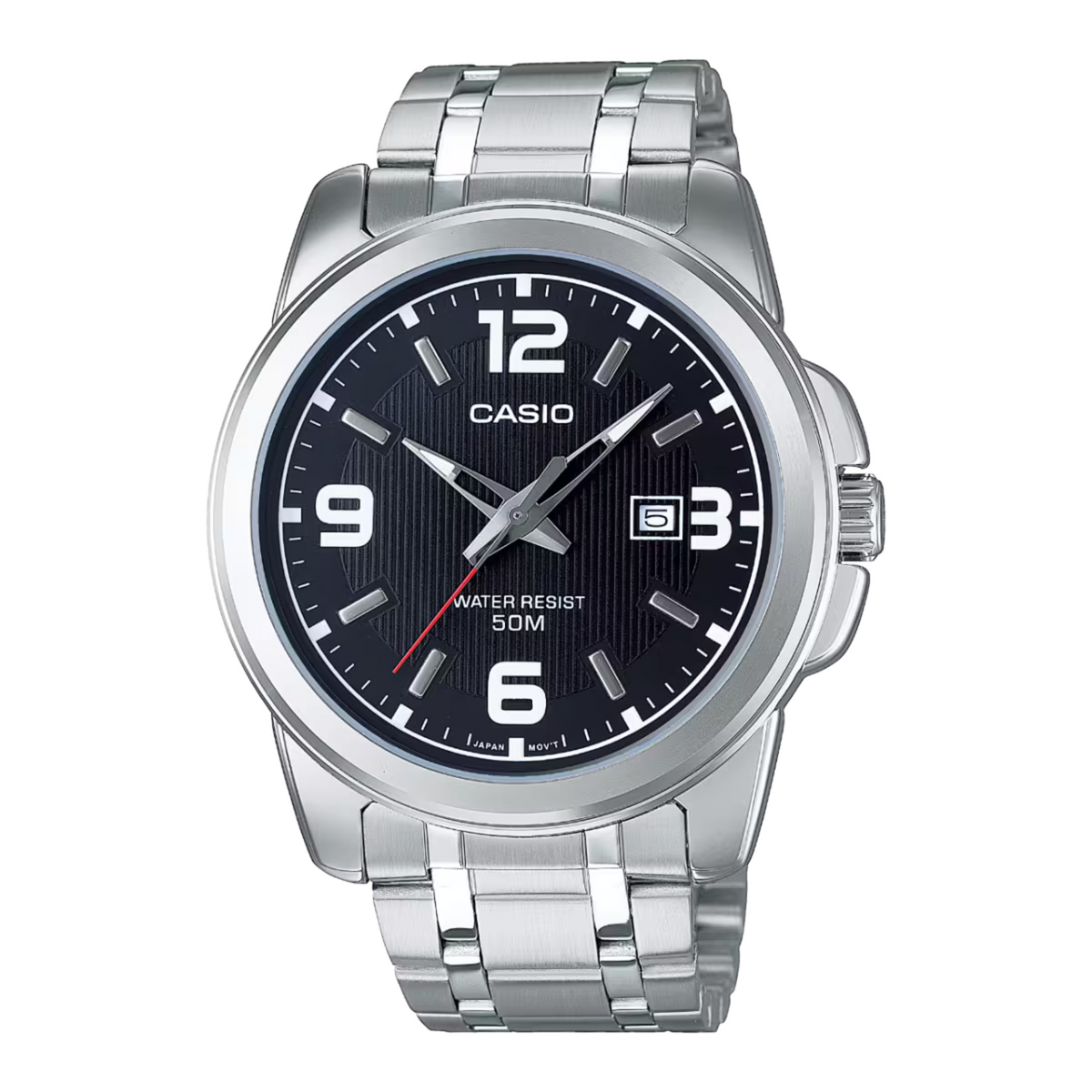 Casio watch with black dial and silver metal strap on a white background