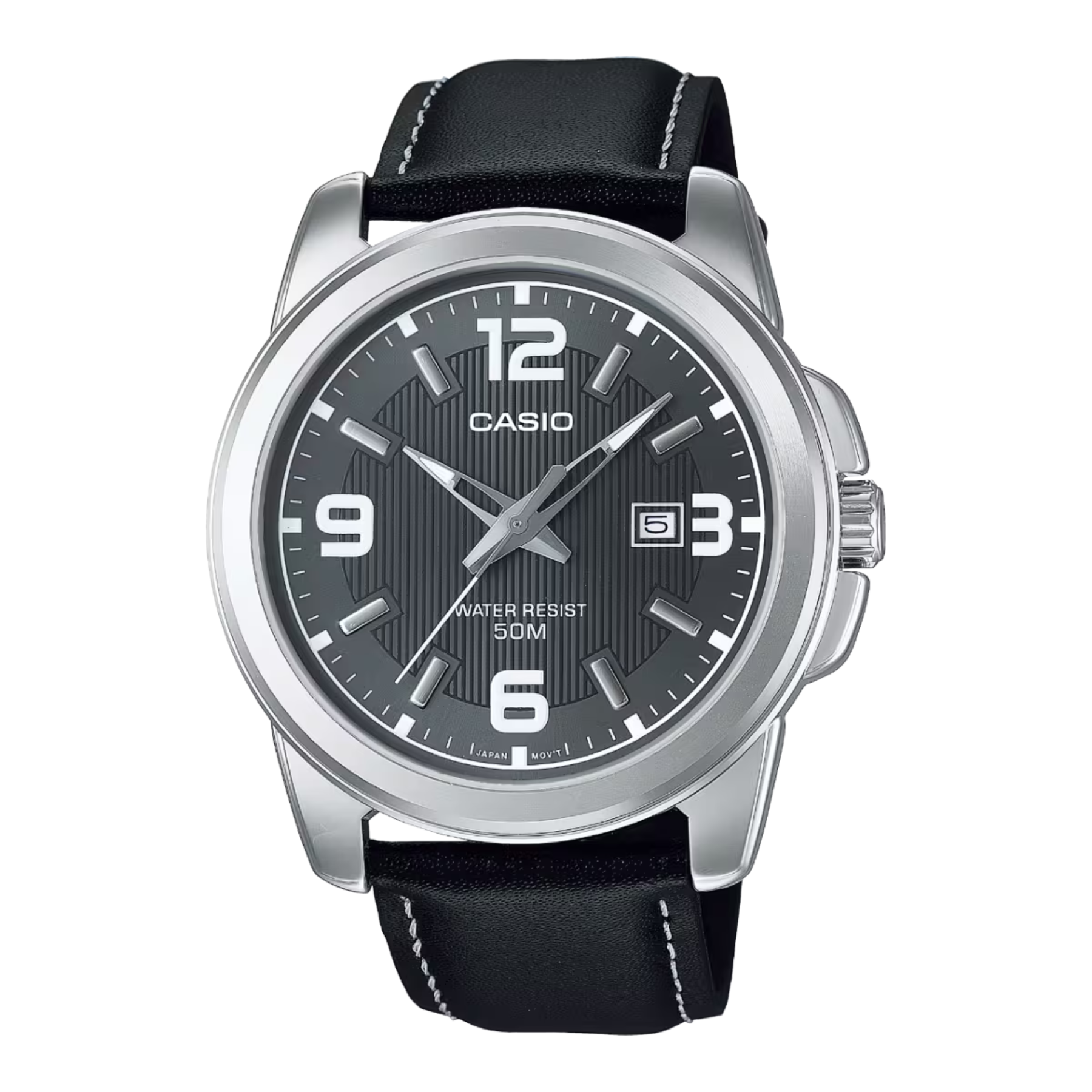 Casio watch with black leather strap and dark gray dial on a white background