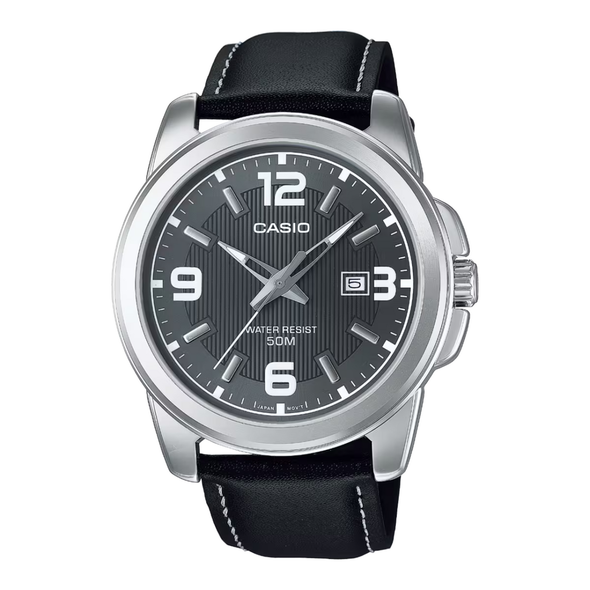 Casio watch with black leather strap and dark gray dial on a white background