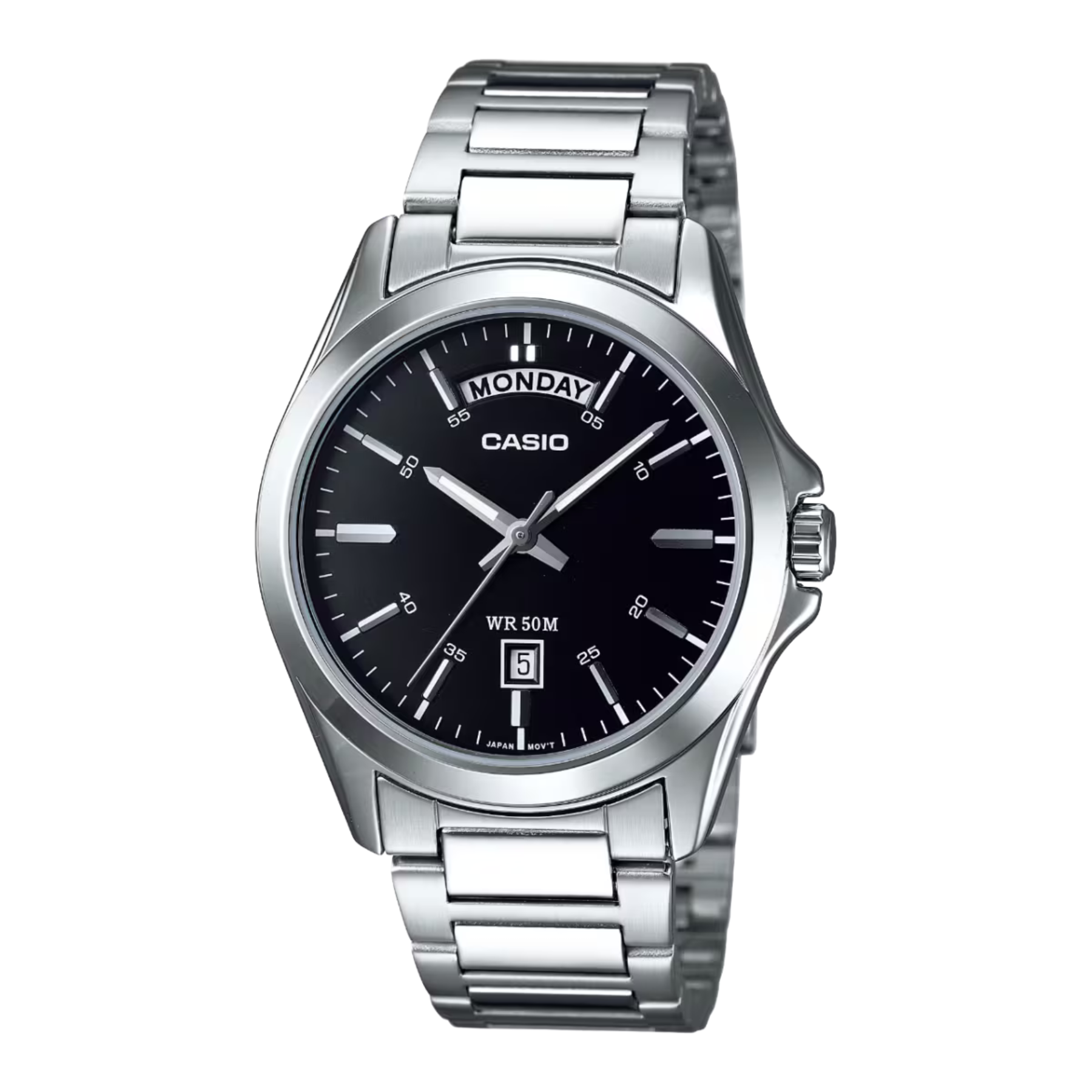 Casio watch with black dial and silver metal strap on a white background