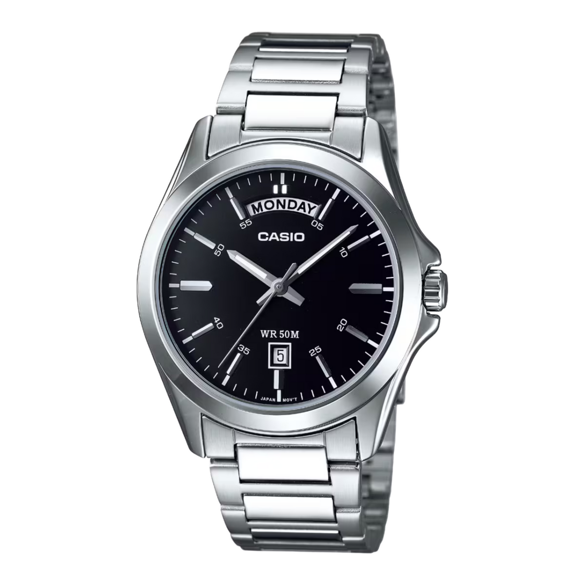 Casio watch with black dial and silver metal strap on a white background