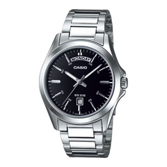 Casio watch with black dial and silver metal strap on a white background