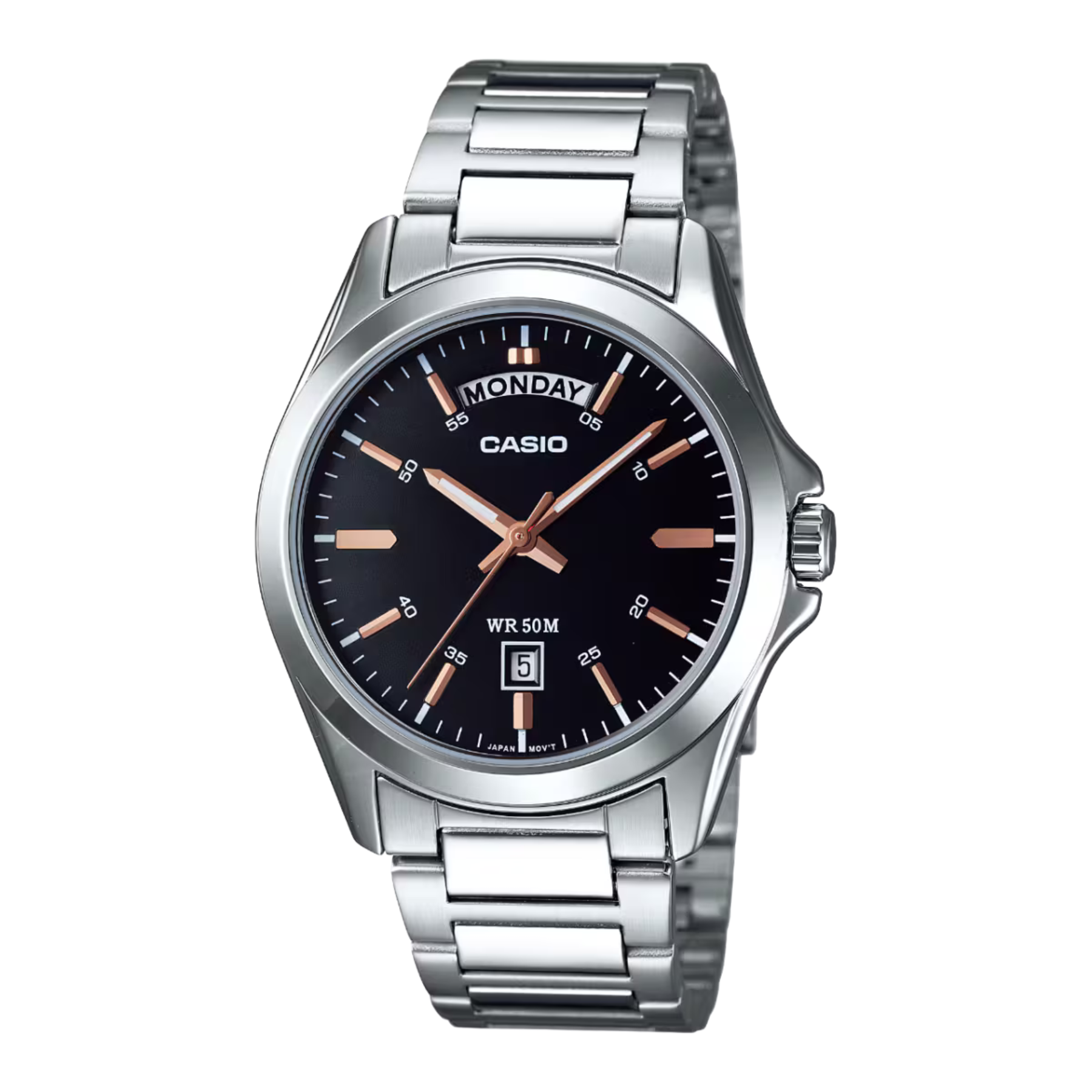 Casio watch with silver metal strap and black dial on a white background