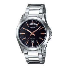Casio watch with silver metal strap and black dial on a white background