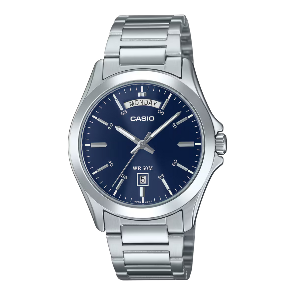 Casio watch with silver metal strap and blue dial on a white background