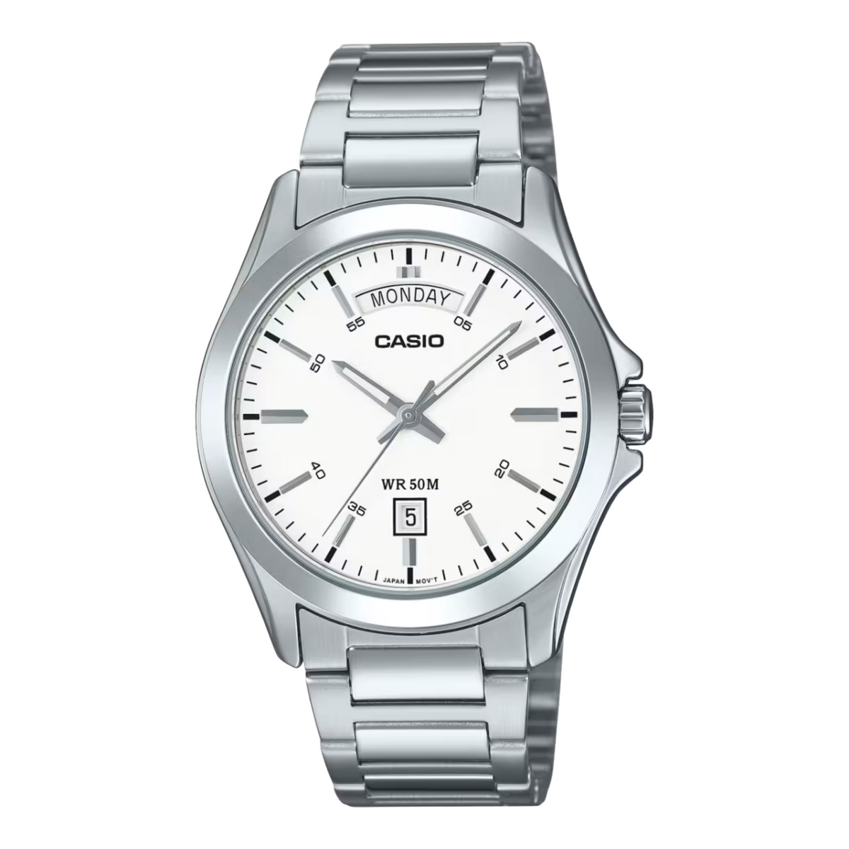 Silver Casio watch with a white face on a white background