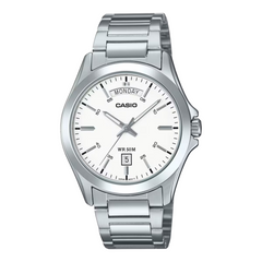 Silver Casio watch with a white face on a white background