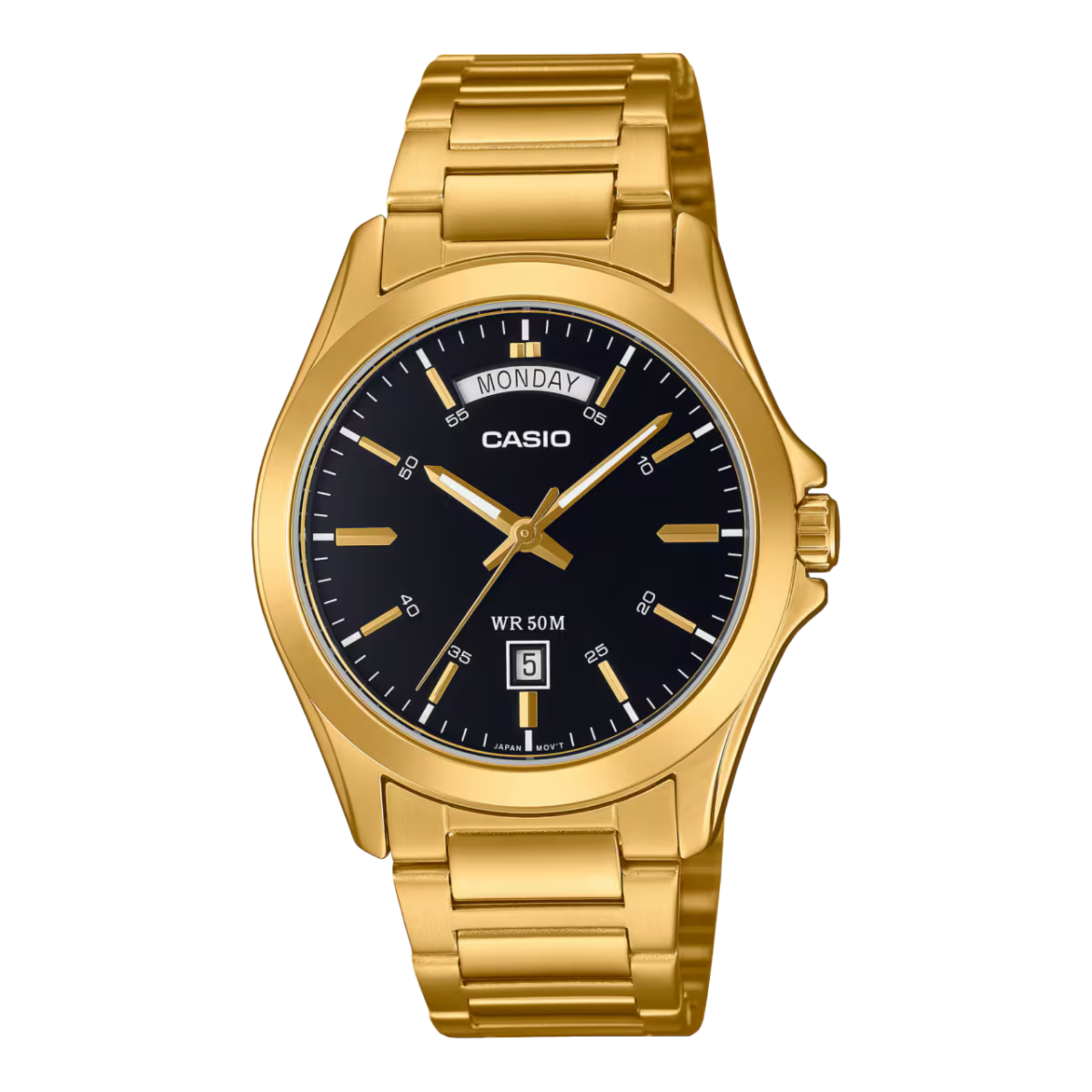 Gold Casio watch with black dial on a white background