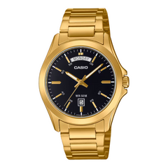 Gold Casio watch with black dial on a white background