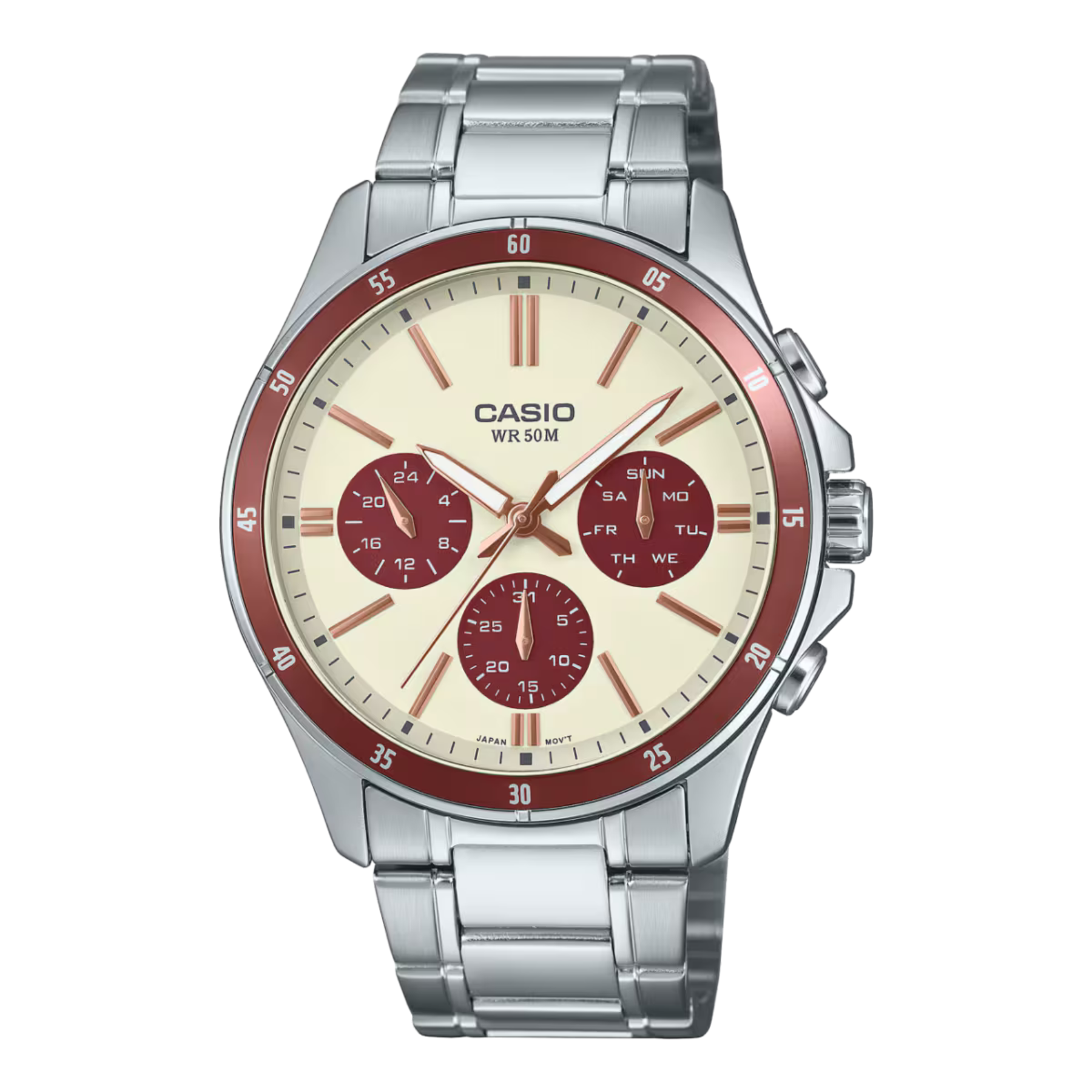Casio watch with a silver strap and red accents on a white background