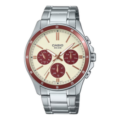 Casio watch with a silver strap and red accents on a white background