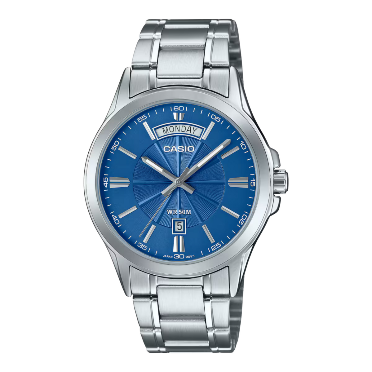 Casio watch with blue dial and silver metal strap on a white background