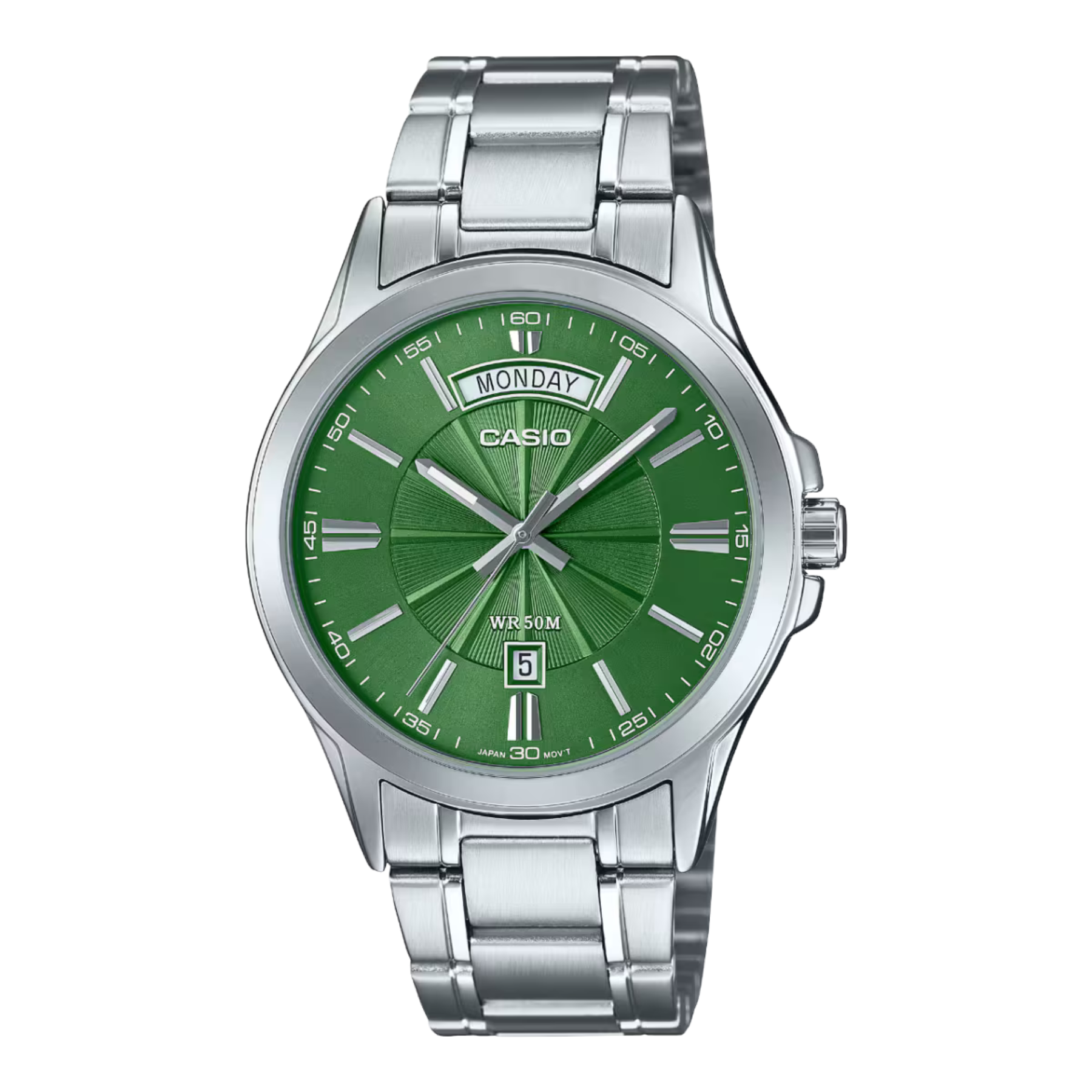 Casio watch with green face and silver band on a white background